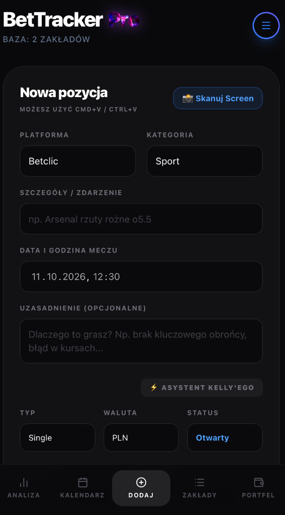 BetTracker Pro - Wprowadzanie pozycji i Asystent Kelly'ego